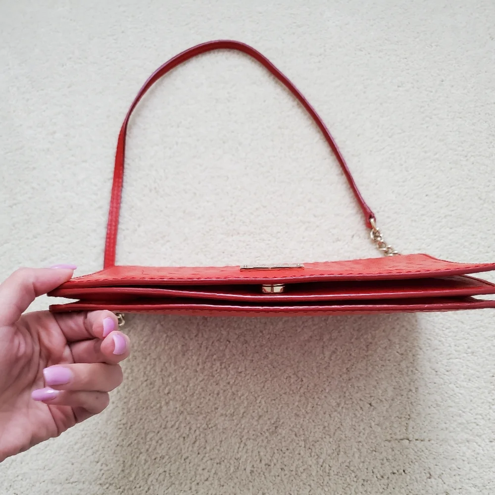 Kate Spade Portola Valley Ostrich Embossed Leather Shoulder Bag in Spice Red